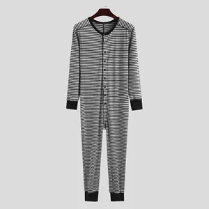 Full view of men's grey and black striped long-sleeved onesie pajamas on a hanger
