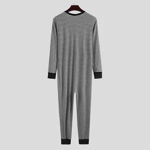 Back view detail of men's grey and black striped long-sleeve onesie pajama loungewear.