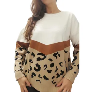 Pull en maille décontracté léopard pour femme avec blocs de couleurs et manches longues