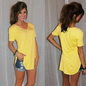 Front and back views of a bright yellow V-neck loose T-shirt with a curved arc hem.