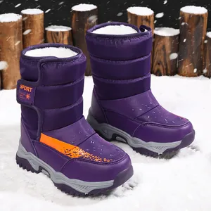 Waterproof purple winter snow boots for kids with warm fleece lining and sport strap