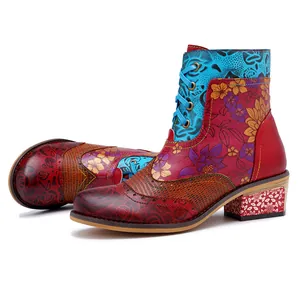 Bottines vintage à fleurs ethniques pour femmes avec lacets et détails colorés en cuir fin