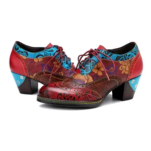 Vintage ethnic style women's high heels with vibrant floral print patchwork detail