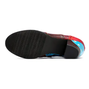 Detailed bottom view of ethnic style high heels with non-slip sole and chunky wooden heel.