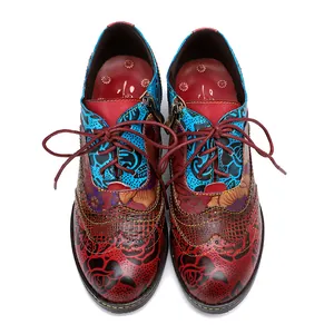 Vintage ethnic floral print patchwork lace-up leather shoes for women top view