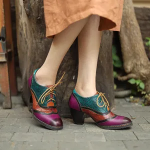 Artistic multi-color patchwork genuine leather brogue pumps with chunky high heels