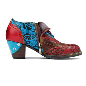 Detailed side profile of ethnic retro floral patchwork leather high heel shoes for women