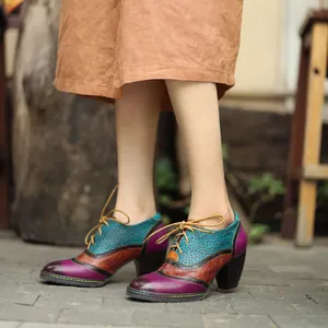 Vintage leather color-block patchwork brogue chunky high heel shoes for stylish women