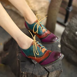 Vintage colorful genuine leather Brogue patchwork high heels with chunky heel and laces.