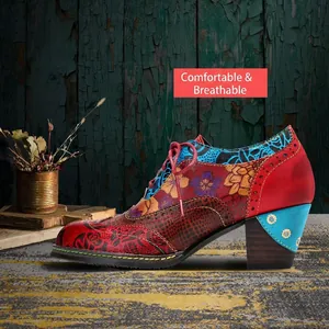 Vintage floral patchwork ethnic style high-heeled shoes with comfortable chunky heel