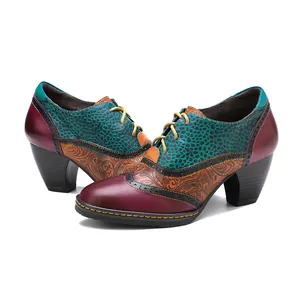 Vintage color block patchwork genuine leather brogue oxfords with chunky high heels