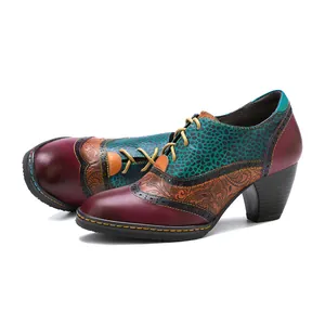 Vintage leather block heel Brogue shoes with colorful patchwork and floral print patterns.