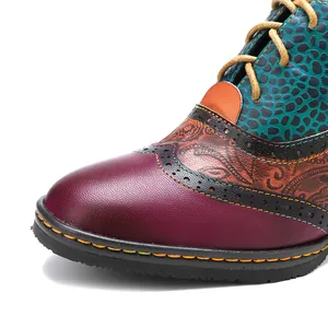 Detailed close-up of colorful patchwork leather brogue shoes with vibrant patterns and textures