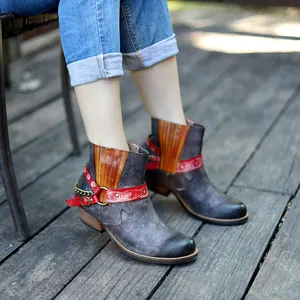 Bottines vintage en cuir dépoli faites main pour femme avec bride ethnique rouge