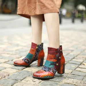 Bottines Femme Vintage en Cuir Véritable Patchwork Bohème Jacquard Talon Épais Floral Rétro Bottes Courtes Style Ethnique