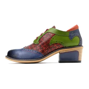 Retro vintage colorful patchwork Brogue leather shoes for women with thick block heels