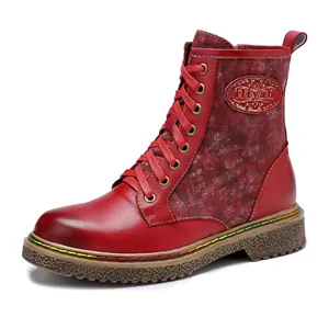 Bottines de motard rouges vintage à lacets avec une semelle plate très confortable