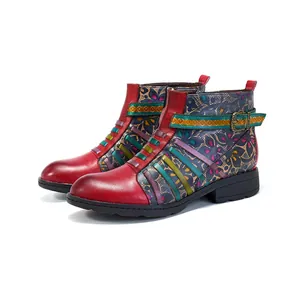 Bottines pour Femmes en Cuir de Vachette Imprimé Floral Ethnique Rétro Style Campagne Américaine Couleur Contrastée