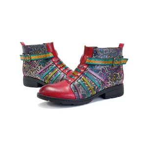 Bottines vintage pour femme style ethnique avec imprimés floraux et lanières cuir
