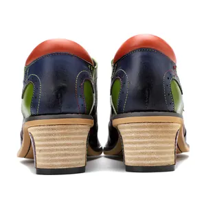 Vintage leather patchwork brogues with colorful stitching and a stacked block heel