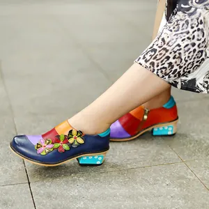 Retro Women Patchwork First Layer Cowhide Mary Jane Shoes Handcrafted Flower Brogue Chunky Heel Casual Comfortable Footwear