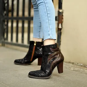 French Vintage Lace Women Ankle Boots Chunky High Heel Side Zipper Leather Stitching Floral Print Retro Fashion Booties