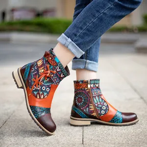 Botines Jacquard Vintage Bohemios para Mujer de Cuero Genuino con Cremallera Lateral Estilo Étnico Floral Tacón Bajo