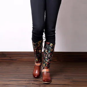 Vintage ethnic floral knee-high boots for women with adjustable lace-up details