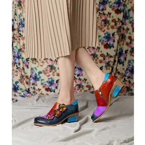 Vintage colorful patchwork leather shoes with floral appliqués and chunky block heels