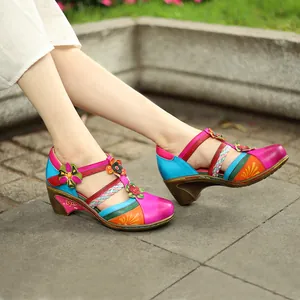 Women Retro Bohemian Mary Jane Sandals Wedge Heel Color Block Leather Floral Cut-Out Shoes Handcrafted Summer Casual Shoes