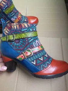 Bohemian Vintage Ethnische Patchwork-Stiefeletten mit dekorativen Schnallen und Absatz