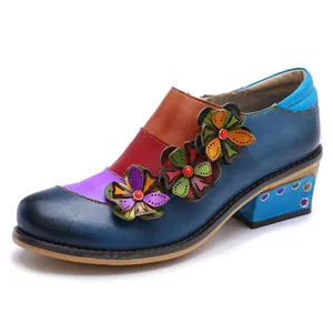 Vintage colorful patchwork leather shoes with handmade 3D floral accents and comfortable heel
