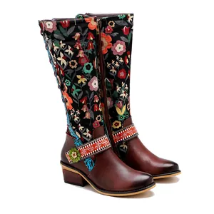 Vintage ethnic style knee-high boots with colorful floral embroidery and convenient side zipper
