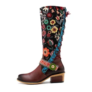 Side detail of retro ethnic style floral knee-high leather boots for women
