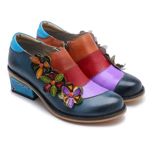 Retro color-block comfortable leather shoes with floral leather decorations for women