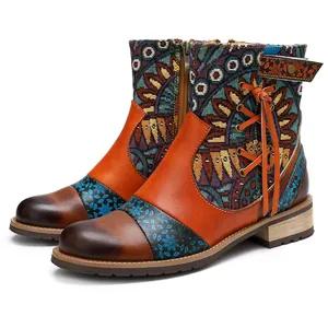 Botines de jacquard estilo étnico bohemio con cremallera lateral para mujer