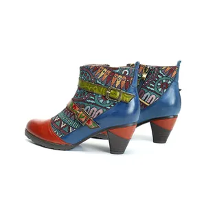 Damen Retro Ethno Echtleder Stiefeletten Hof Stil Bestickt Spleißung Mittlerer Blockabsatz Seitlicher Reißverschluss Komfortable Boho Stiefel