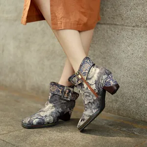 Detailed view of Chinese retro landscape painting print ankle boots with chunky heel