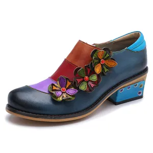 Retro color-blocked leather shoes for women with decorative 3D flowers and block heel