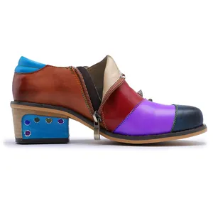 Comfortable retro patchwork colorful leather shoes with floral block heel and side zipper