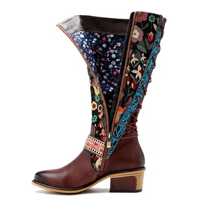 Vintage bohemian knee-high women's boots with floral patterns and side zipper detail