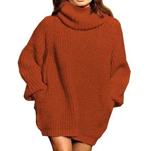 Robe pull oversize à col roulé en maille orange rouille pour femme en automne hiver