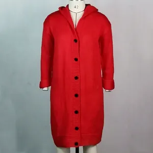 Full-length view of a bright red hooded knit cardigan with black buttons