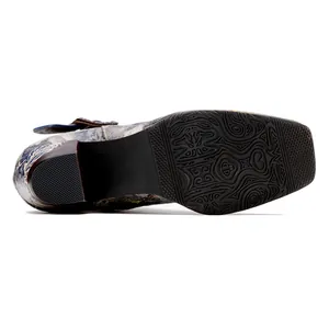 Detailed bottom view of women's chunky heel boots showing intricate sole pattern