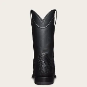 Vue détaillée de l'arrière de bottes de cowboy noires en cuir avec motif crocodile