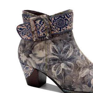 Macro detail of vintage floral pattern and buckle strap on chunky heel women boot