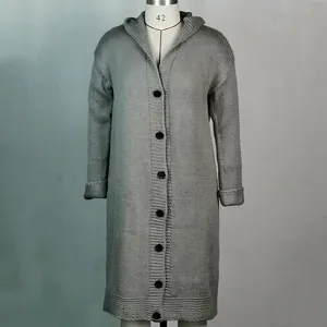 Classic grey long knit hooded cardigan featuring a full button-down front displayed on a mannequin