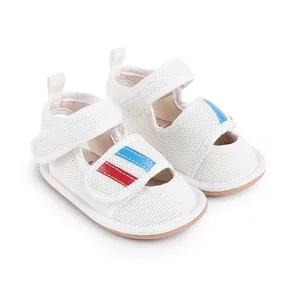Breathable white mesh baby walker shoes with red and blue stripes for 0-1 year olds