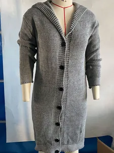 Grey long-sleeved hooded knitted cardigan for women in a comfortable and loose fit design