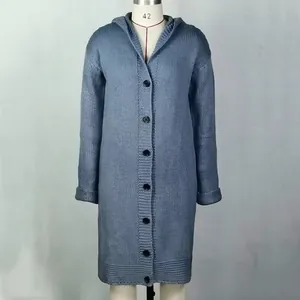 Loose fit long hooded knit cardigan sweater for women in premium dusty blue fabric